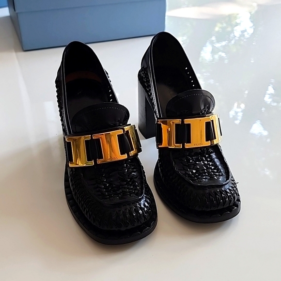 Prada Woven Leather Stacked Heel Loafer - Picture 2 of 7
